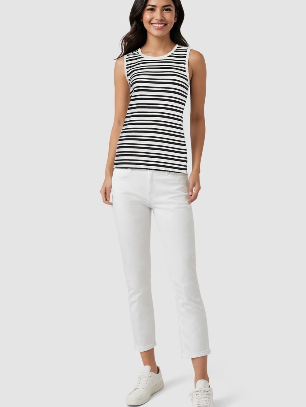 Three Dots Black & Cream Striped Crew Neck Tank Top Size L NWT - Picture 3 of 7